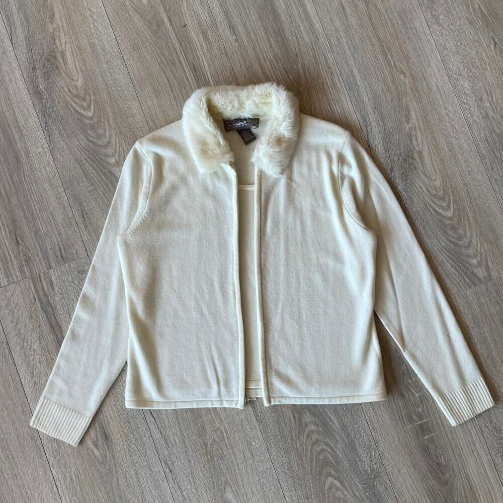 Cream Women's Petite Medium Sweater Cardigan Set Faux Fur Trim Old Money Capsule